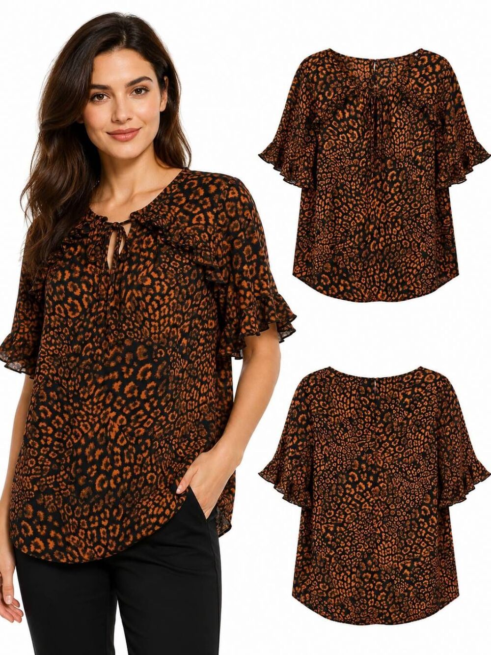 Lark & Ro Leopard Print Blouse Ruffle Sleeve M